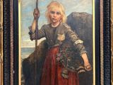 painting of a young girl holding a staff in a rocky landscape