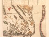an old map of a city in the middle of a river