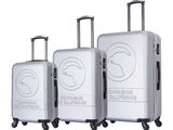 three pieces of luggage sitting on top of each other on a white surface