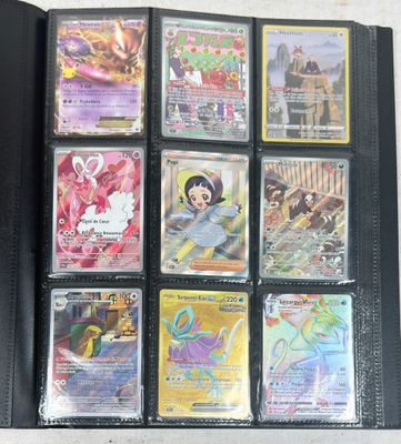 tout un tas de cartes Pokémon différentes dans un portefeuille noir