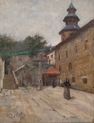 painting of a woman walking down a cobblestone street with a clock tower in the background