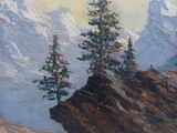 an oil painting of a mountain scene with trees on a cliff