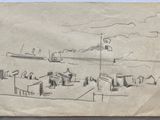 drawing of a drawing of a boat in a body of water