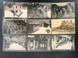 several old black and white photographs of people and buildings on a table