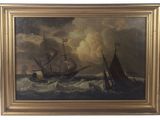 an oil painting of two ships in rough water with clouds in the background