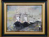 a painting of boats docked in a harbor on the water