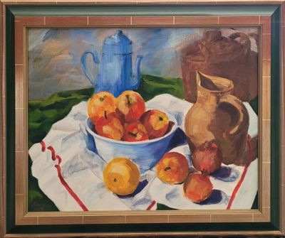 a painting of a bowl of peaches and a pitcher on a table