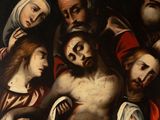 an image of a painting of a group of people standing around a man on the cross