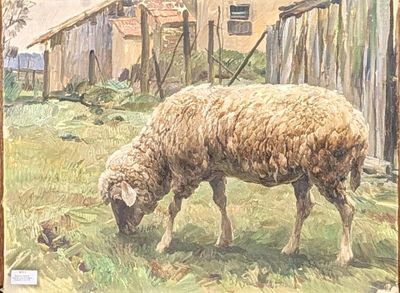 a painting of a sheep eating grass in a field
