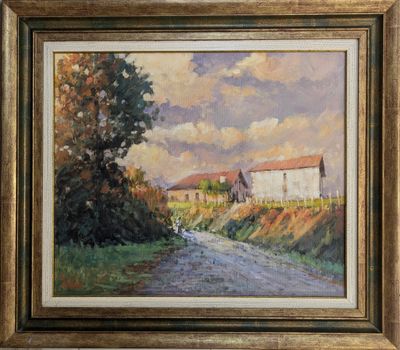 une peinture à l'huile représentant une route de campagne avec une grange en arrière-plan