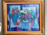 a painting of flowers in a vase on a table