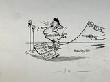 dessin représentant un personnage de bande dessinée tirant une pancarte à l'aide d'une corde