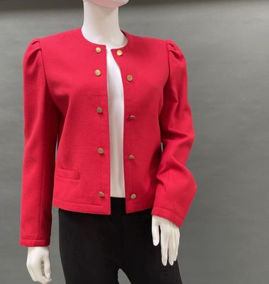 chanel red wool jacket with gold buttons and gold buttons