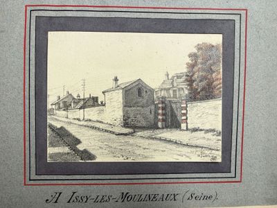 dessin représentant un train circulant sur une voie ferrée à côté d'un bâtiment
