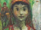une peinture à l'huile représentant une femme en robe rouge avec un oiseau sur la tête
