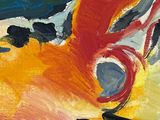 an oil painting of a colorful bird with a yellow background