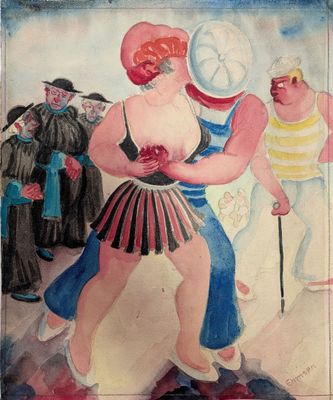 une image représentant un tableau où l'on voit une femme en jupe et un homme coiffé d'un chapeau