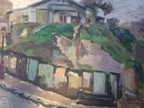 a painting of a house on the side of the road