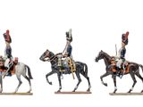 three figurines of men in uniforms riding on horses