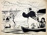 drawing of a man and a woman in a boat in the water