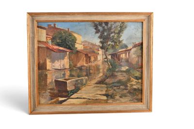 une peinture à l'huile représentant une rue de village avec un arbre au premier plan