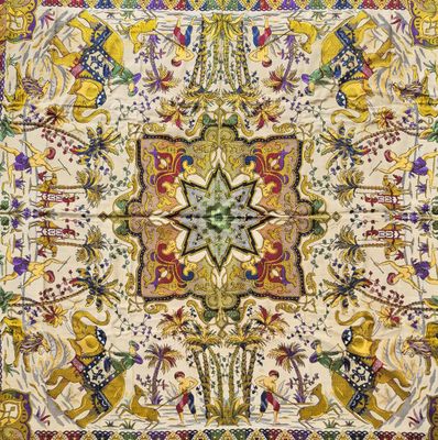 a close up of a rug with a design on it