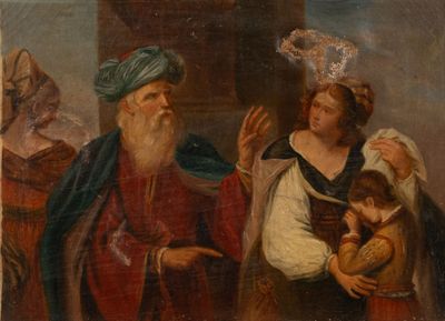 un vieux tableau représentant un homme barbu et une femme avec un enfant