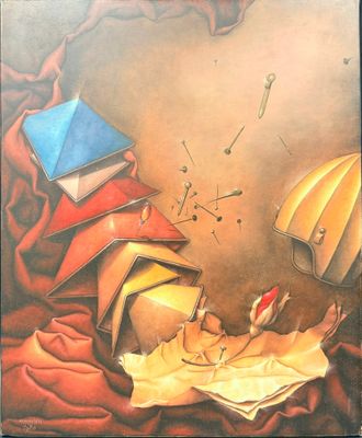 tableau représentant un tableau sur lequel figurent des livres et un parapluie posés sur un lit
