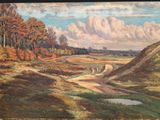 painting of a dirt road in a field with trees in the background