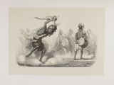 illustration of a man falling off a horse in front of a group of men