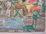 a painting of a woman sitting at a table in a garden