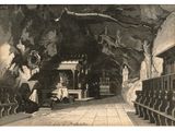 an old picture of a church with people in it