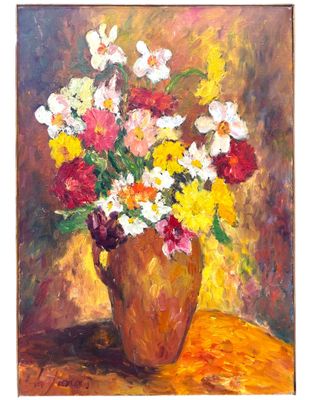 an oil painting of a vase of flowers on a table