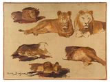 an image of a painting of a group of lions laying on the ground