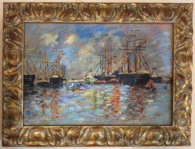 painting of a harbor scene with ships in a gold frame