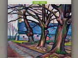 the front cover of a book with a painting of trees in the foreground
