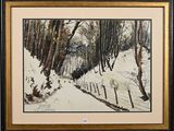an image of a painting of a snowy path in the woods
