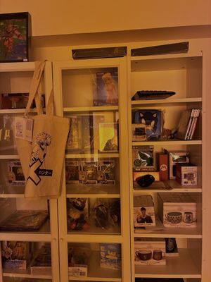 une bibliothèque remplie d'objets, dans une pièce