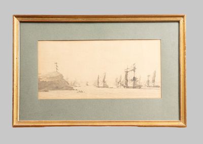 an image of a drawing of ships in a body of water with a mountain in the background