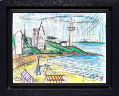 drawing of a lighthouse on a beach with chairs and a bench