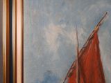 a painting of a red sailboat on a body of water