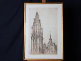 dessin représentant un grand bâtiment surmonté d'une tour horloge
