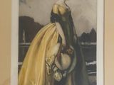 painting of a woman in a yellow dress holding a hat