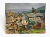 an oil painting of a village with a church on top of a hill