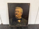 painting of a man in a suit and bow tie sitting on a table