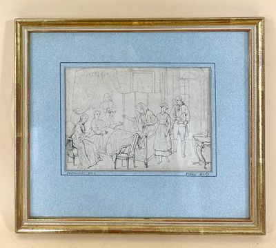 framed drawing of a group of people in a living room