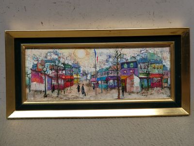 painting of a street scene with people walking by a bus stop