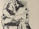 drawing of a man sitting in a chair reading a book