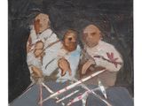 a painting of three men holding a baby and a teddy bear