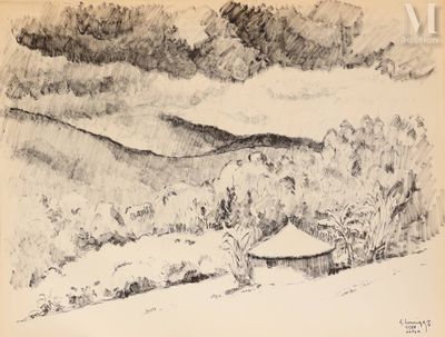 dessin représentant un paysage avec une maison au premier plan et des montagnes à l'arrière-plan